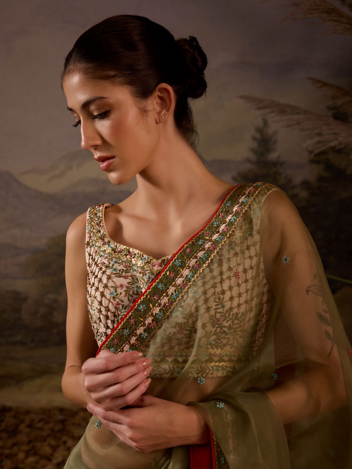 Olive Green Embroidered Organza Saree - samantchauhan Apparel & Accessories