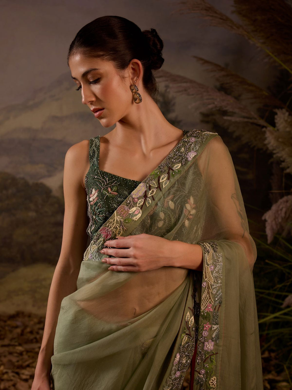 Olive Green Embroidered Saree with Blouse - samantchauhan Apparel & Accessories