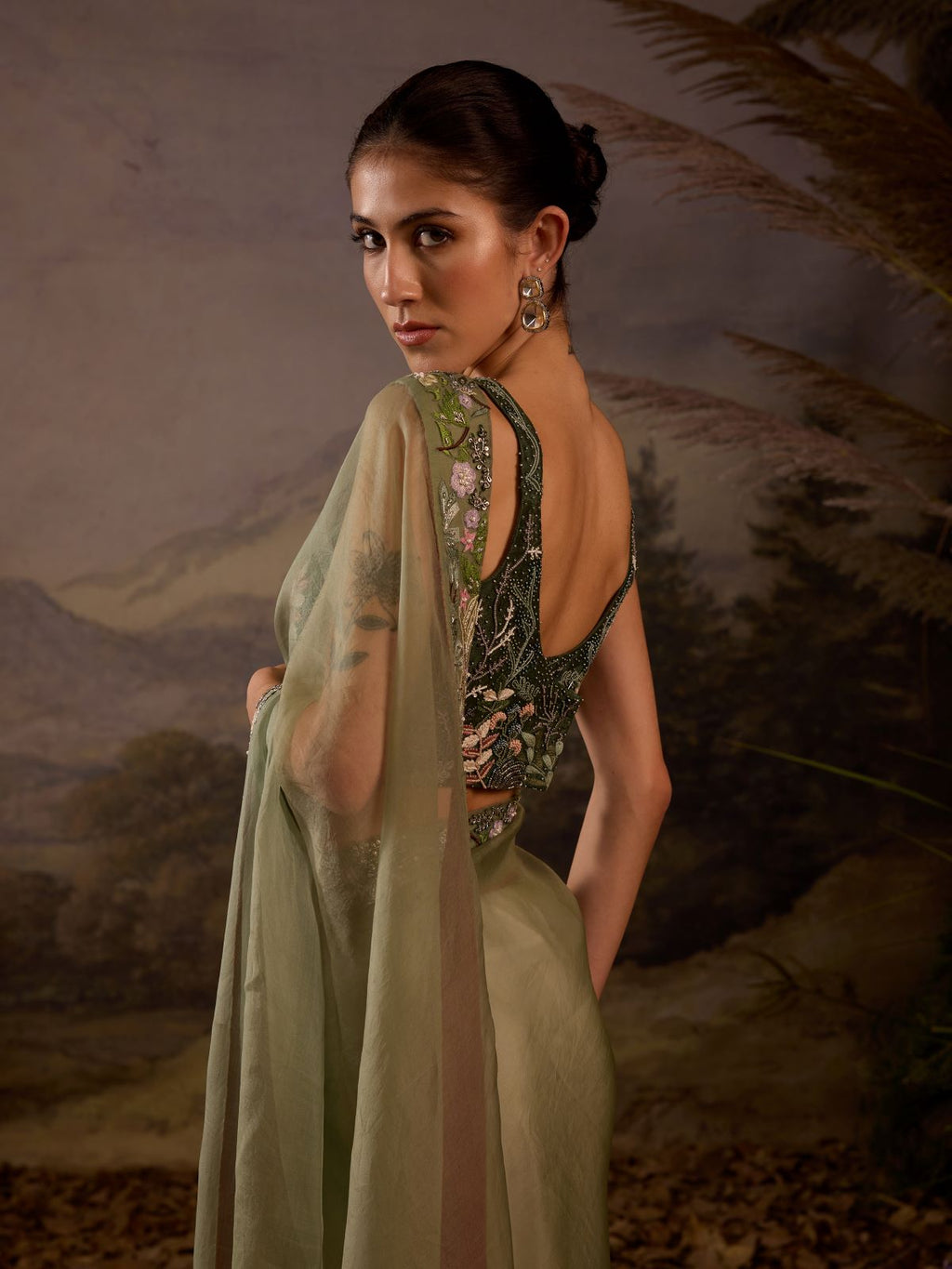 Olive Green Embroidered Saree with Blouse - samantchauhan Apparel & Accessories