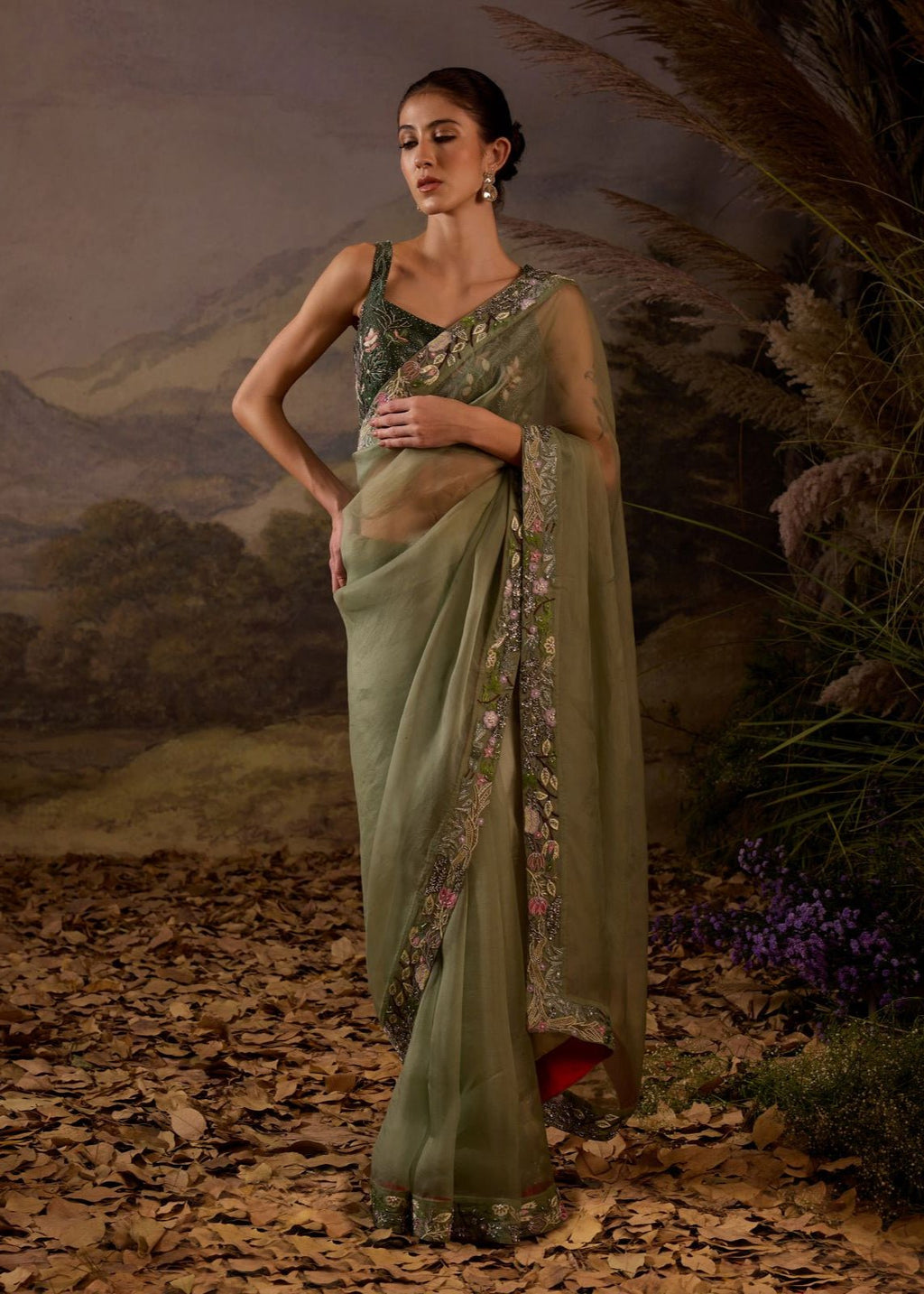 Olive Green Embroidered Saree with Blouse - samantchauhan Apparel & Accessories