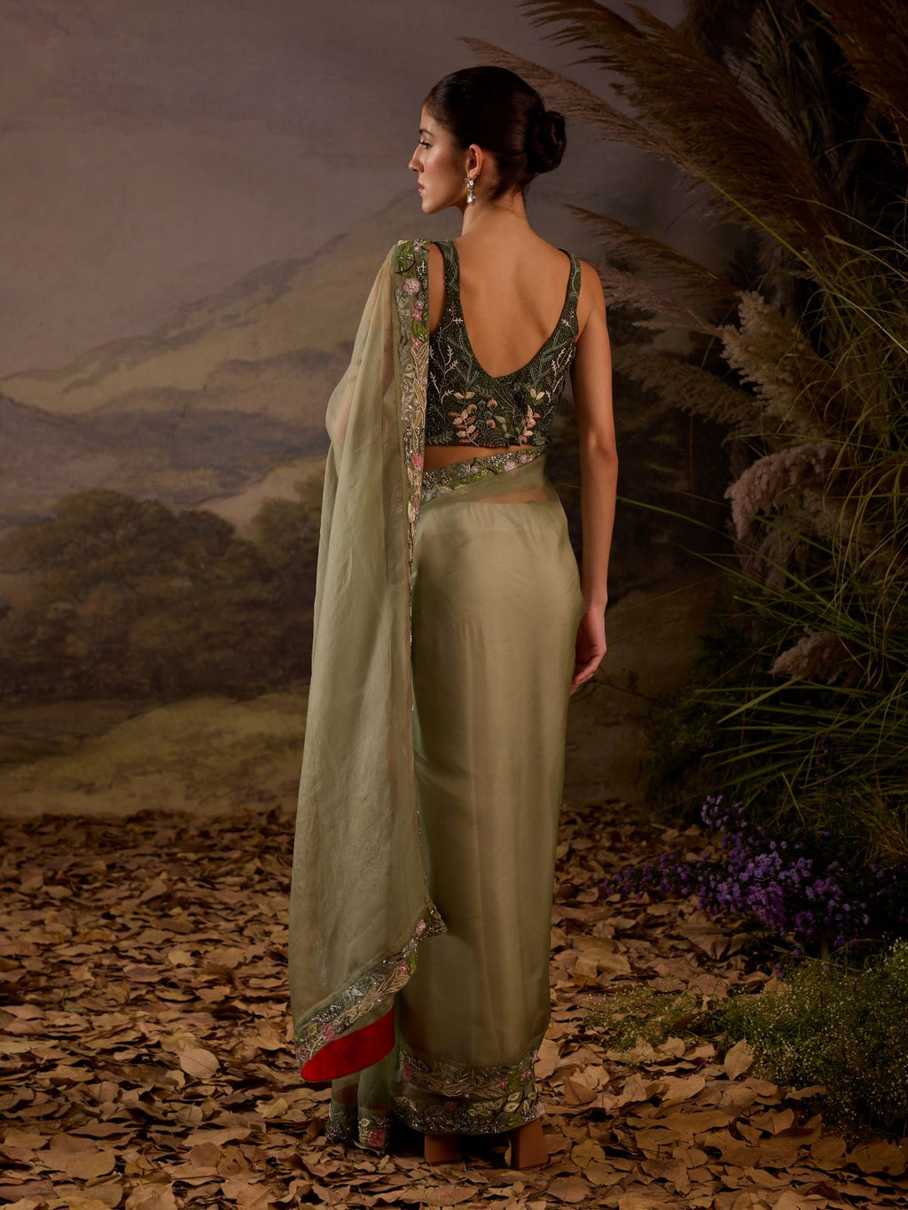 Olive Green Embroidered Saree with Blouse - samantchauhan Apparel & Accessories