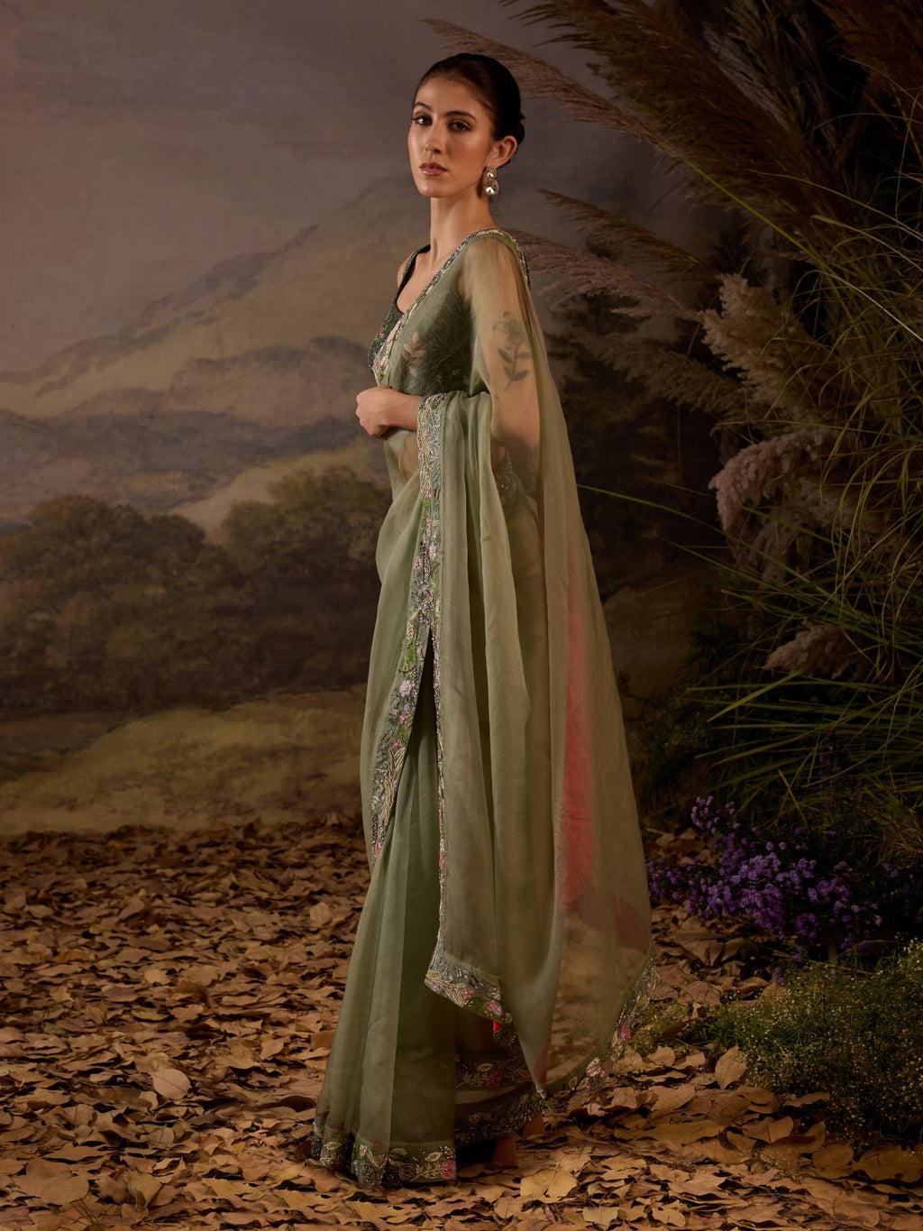 Olive Green Embroidered Saree with Blouse - samantchauhan Apparel & Accessories