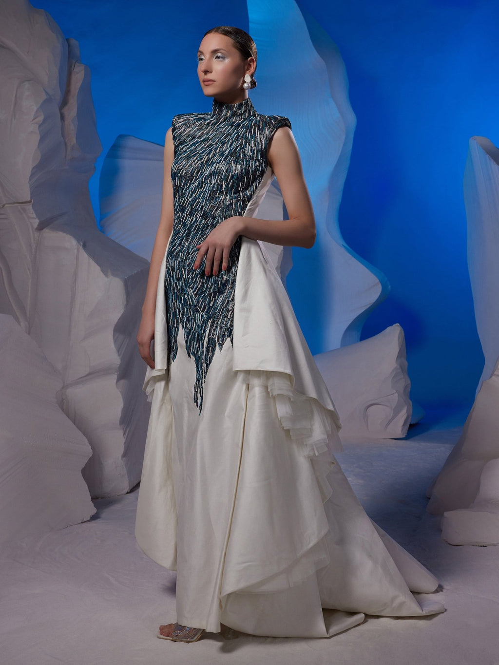 One piece floor length dress with added flounce at side - samantchauhan Apparel & Accessories