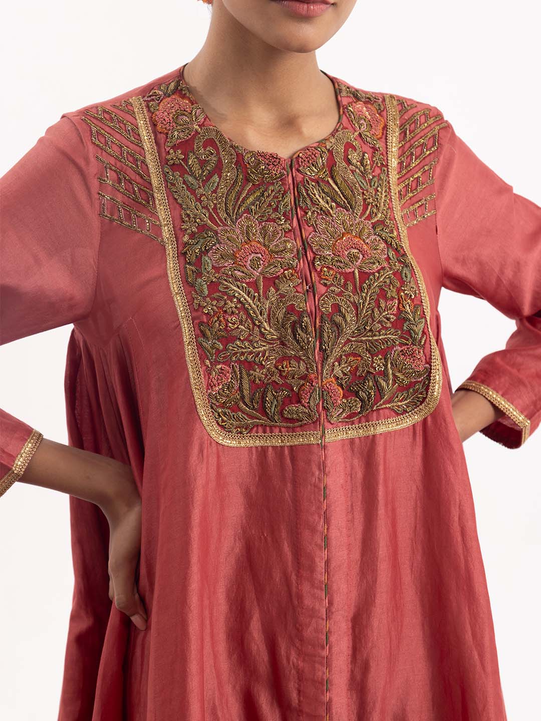One - piece kalidaar set in dark coral cotton silk - samantchauhan Apparel & Accessories
