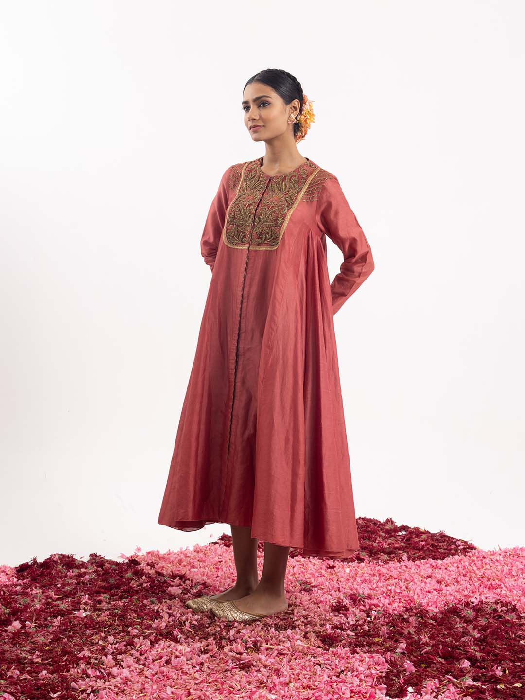 One - piece kalidaar set in dark coral cotton silk - samantchauhan Apparel & Accessories