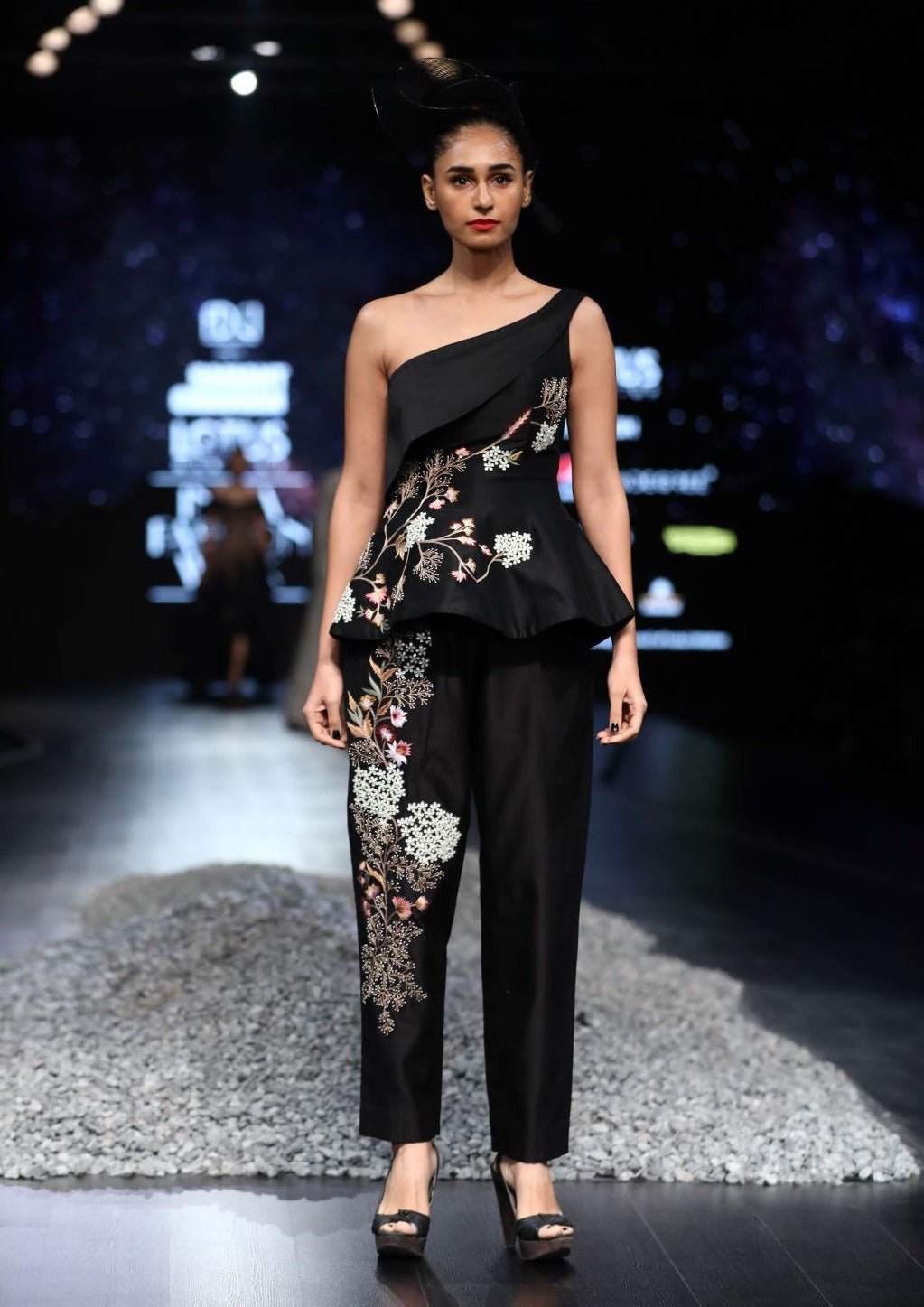 One shoulder, corset - style peplum top with pants - samantchauhan