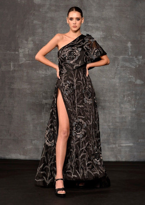 One - shoulder gown enhanced with glass bead embroidery - samantchauhan Apparel & Accessories