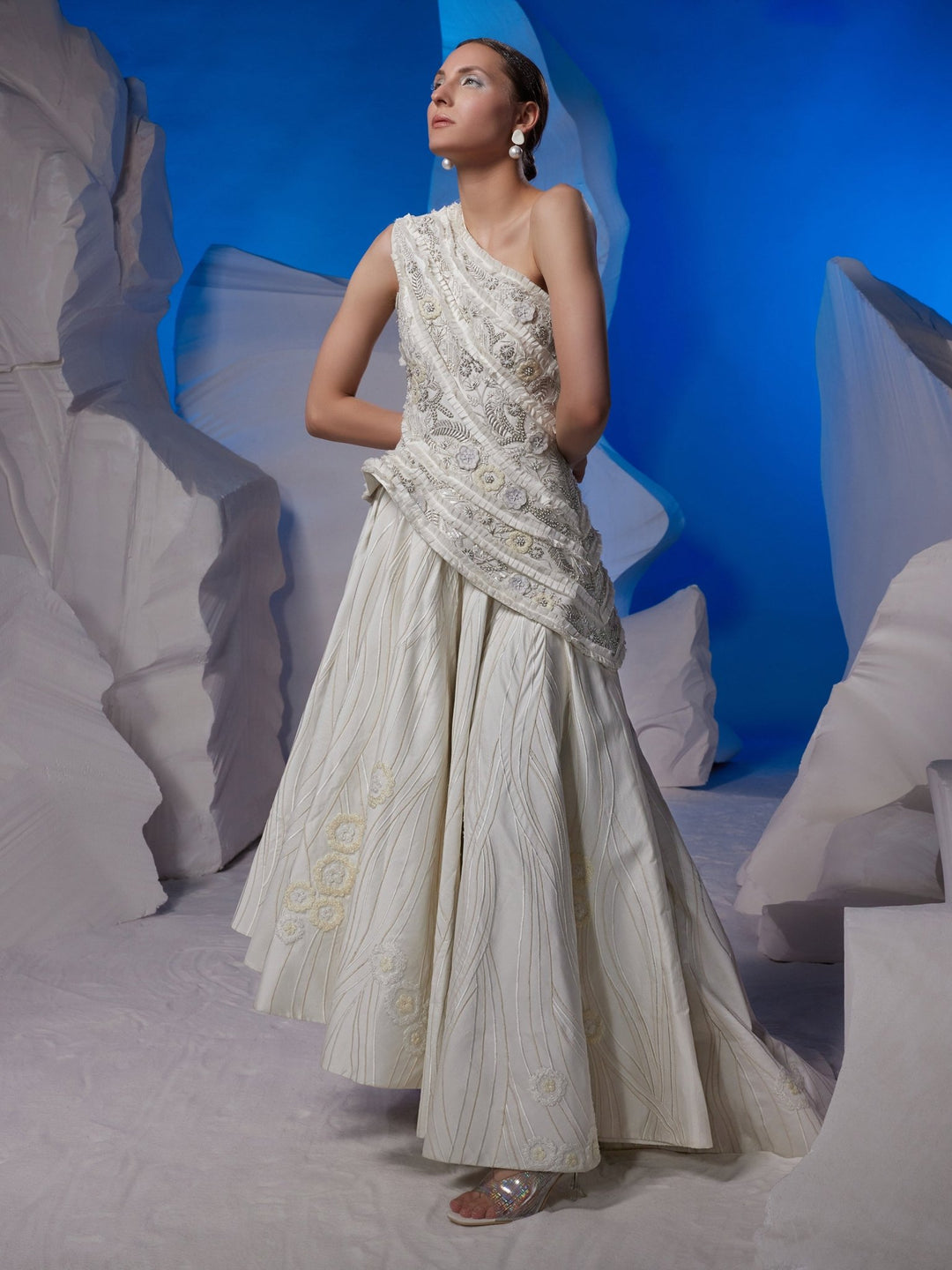 One - shoulder gown textured with frills - samantchauhan Apparel &amp; Accessories