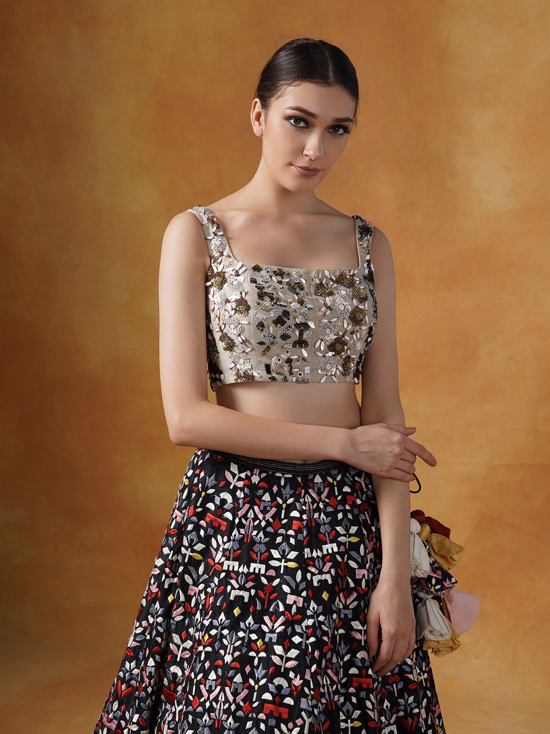 Organza jacket with black appliqué work, topped over a lehenga set - samantchauhan Apparel &amp; Accessories