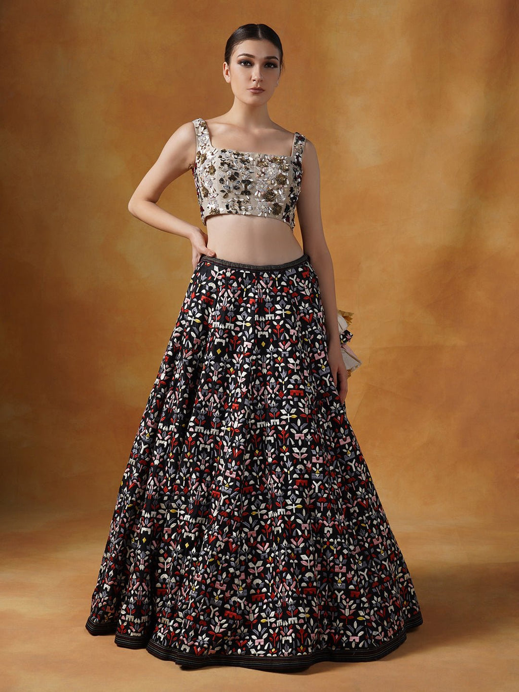 Organza jacket with black appliqué work, topped over a lehenga set - samantchauhan Apparel & Accessories