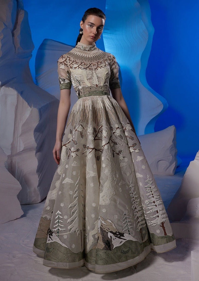 Organza silk gown showcasing tundra landscapes - samantchauhan Apparel & Accessories