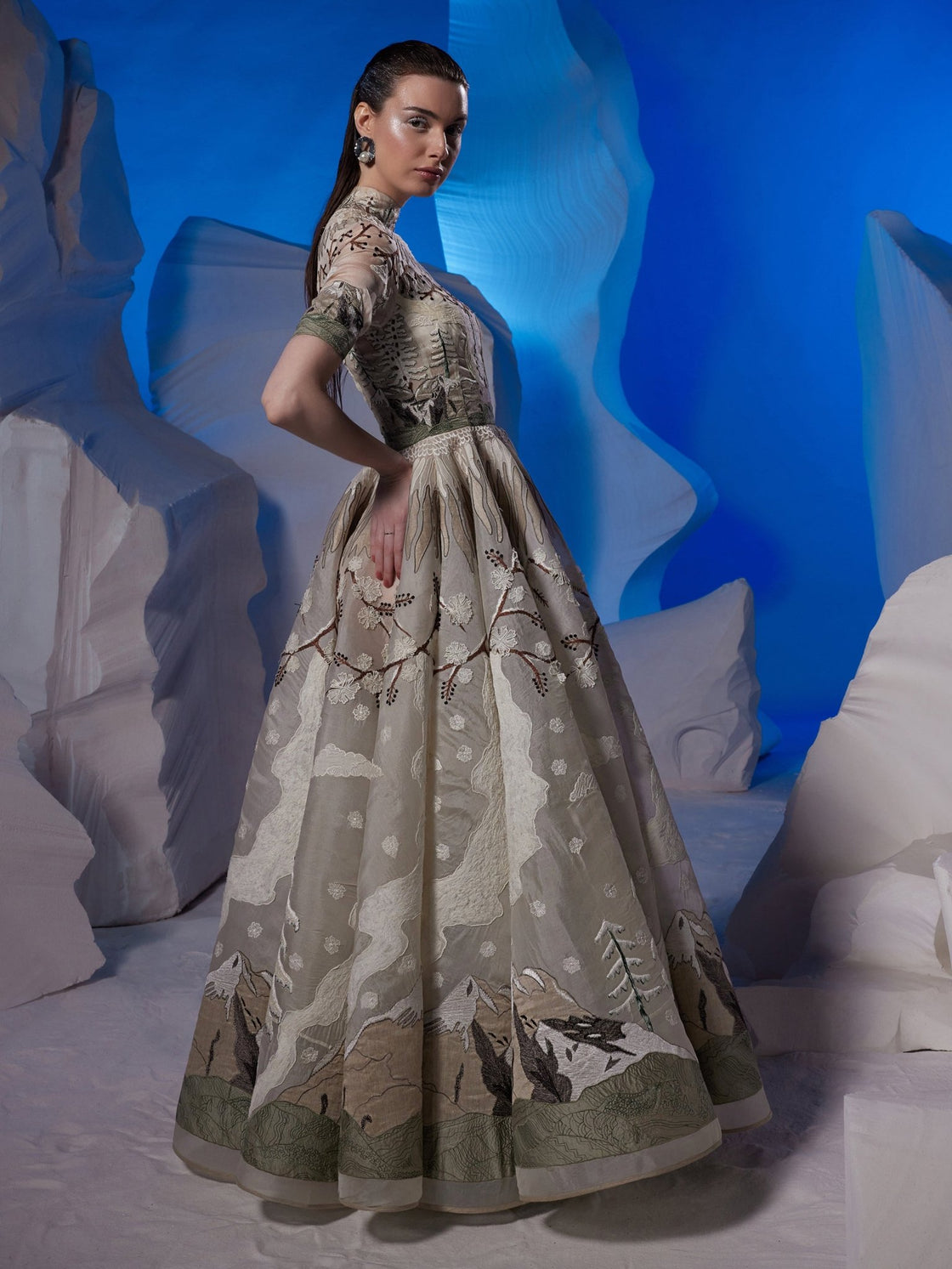 Organza silk gown showcasing tundra landscapes - samantchauhan Apparel & Accessories