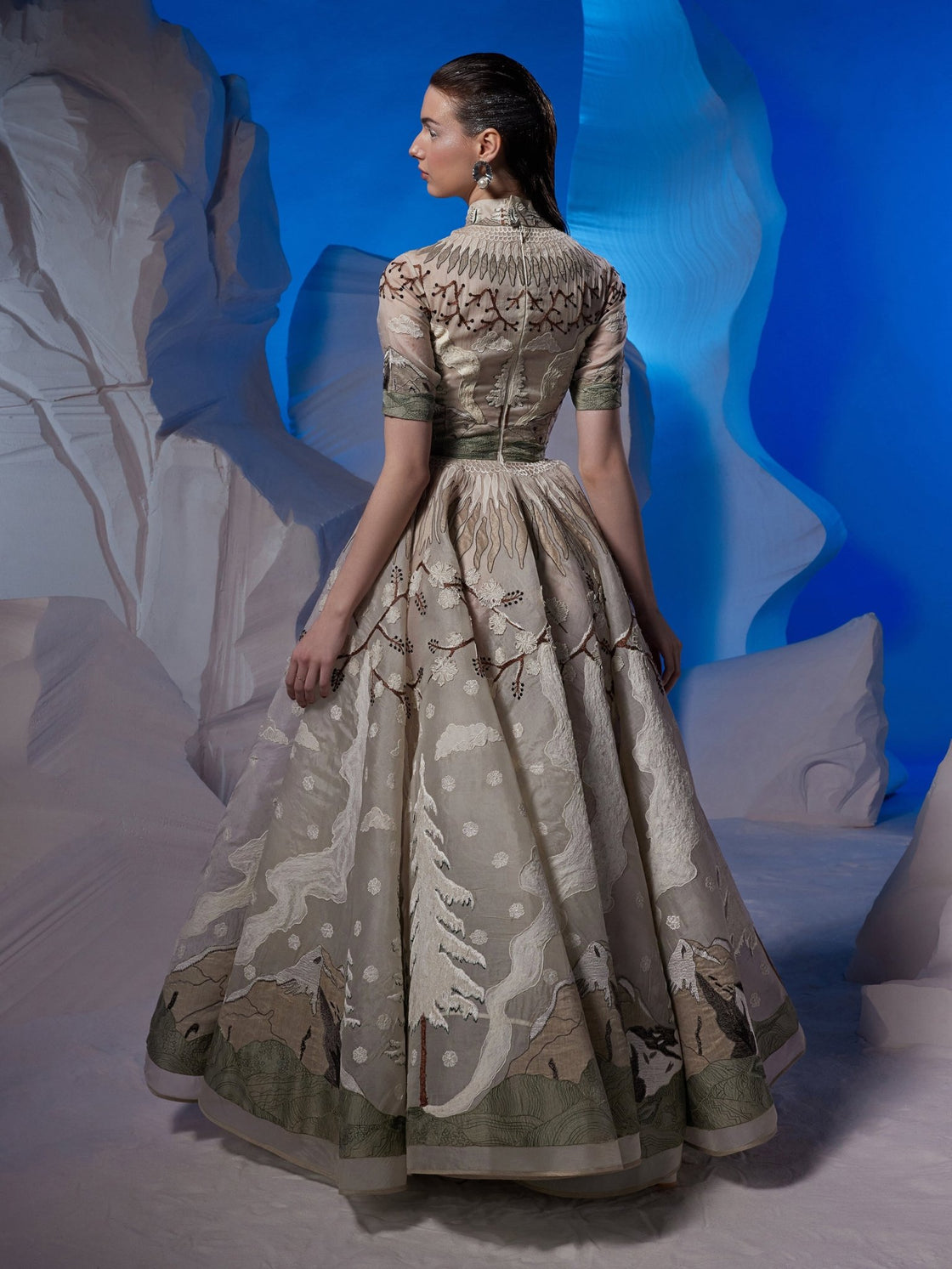 Organza silk gown showcasing tundra landscapes - samantchauhan Apparel & Accessories
