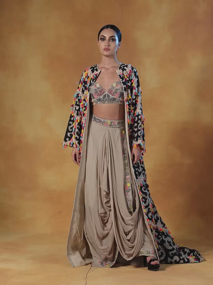 Cotton Silk Jacket Over A Drape Skirt And Blouse