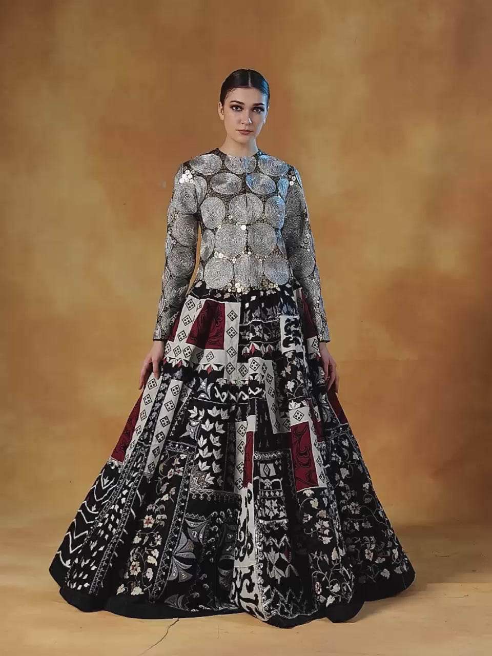 Lehenga set with in cotton silk adorned in dori, sequence and silk yarns embroideries.