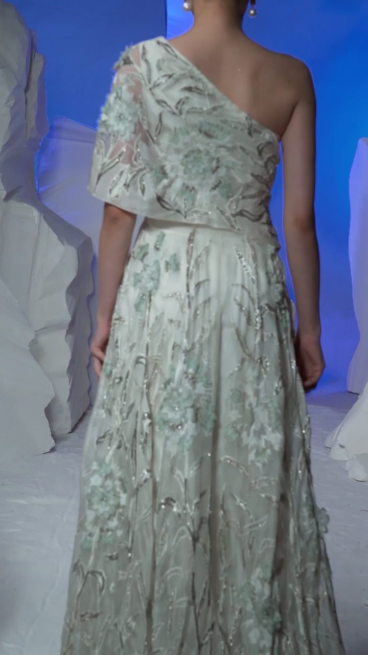 Ivory Asymmetric Embellished One Shoulder Glam Gown With Slit