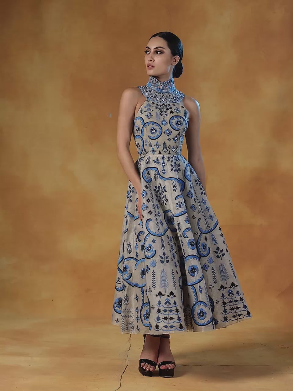 Embroidered A-Line Gown In Linen Silk With A Stylised High Neck