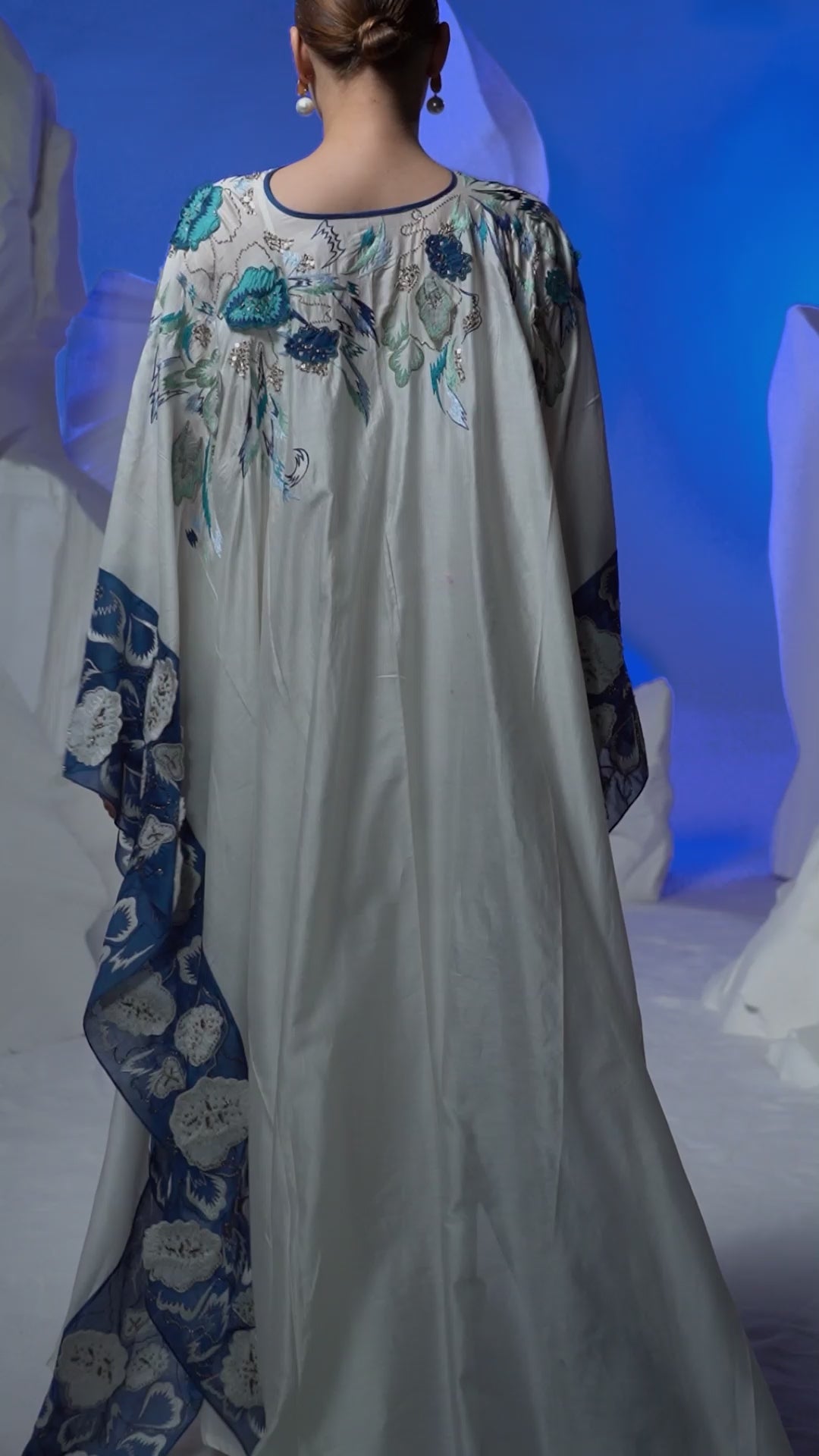 Ivory kaftan featuring 3D applique and cutdana work