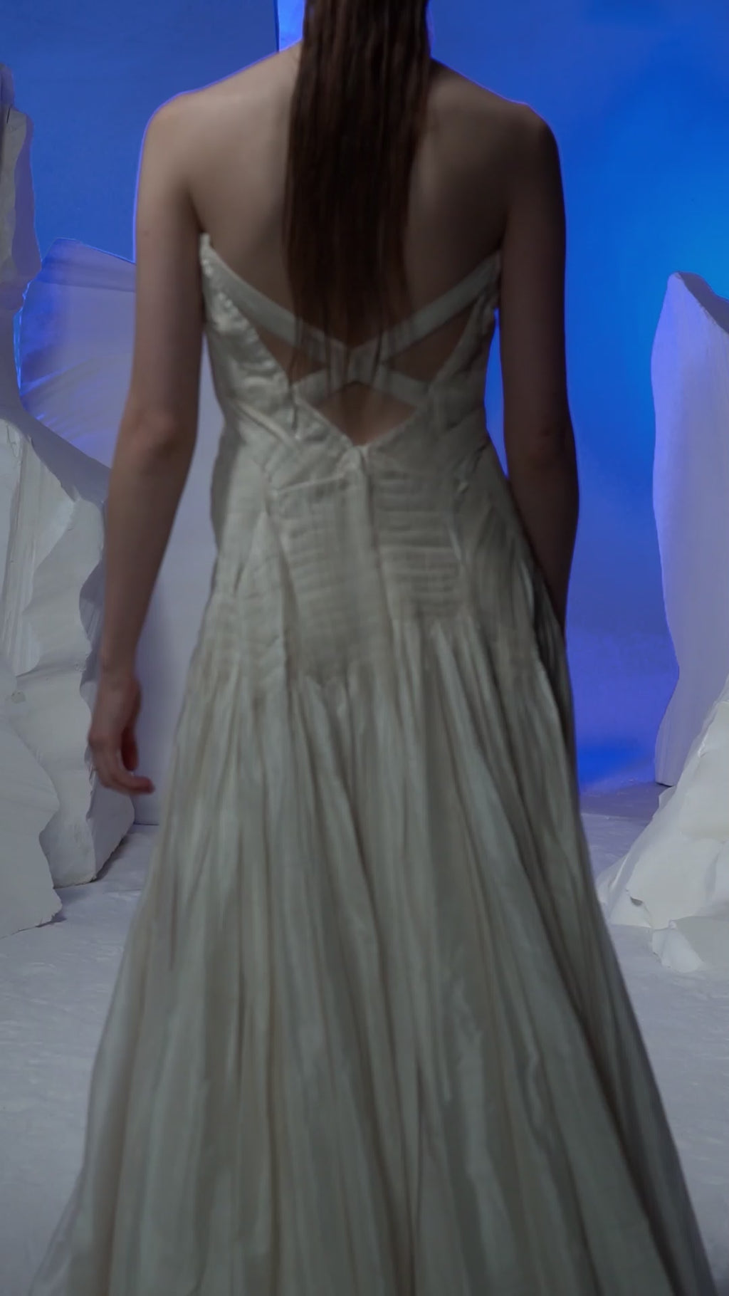 Ivory Chanderi finely pleated gown