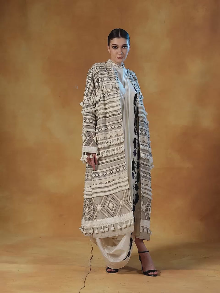 Embroidered Bohemian Style Long Jacket In Linen Silk, Topped On An Ivory Cotton Silk Drape Dress