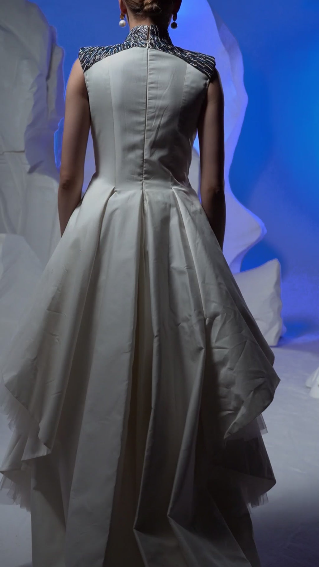 One piece floor length dress with added flounce at side