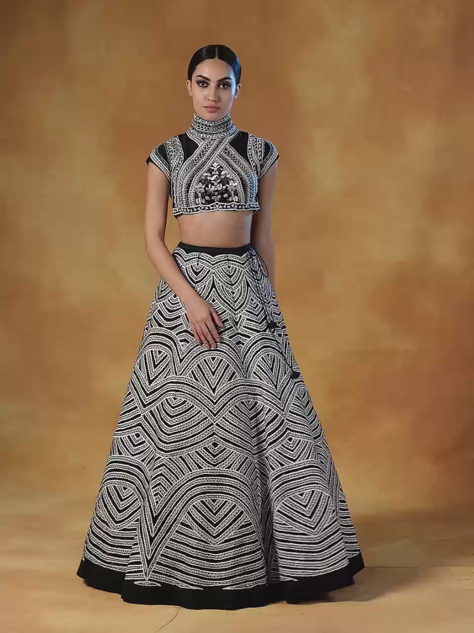 Lehenga set with in cotton silk adorned in appliqué & pearl work and silk thread embroidery.