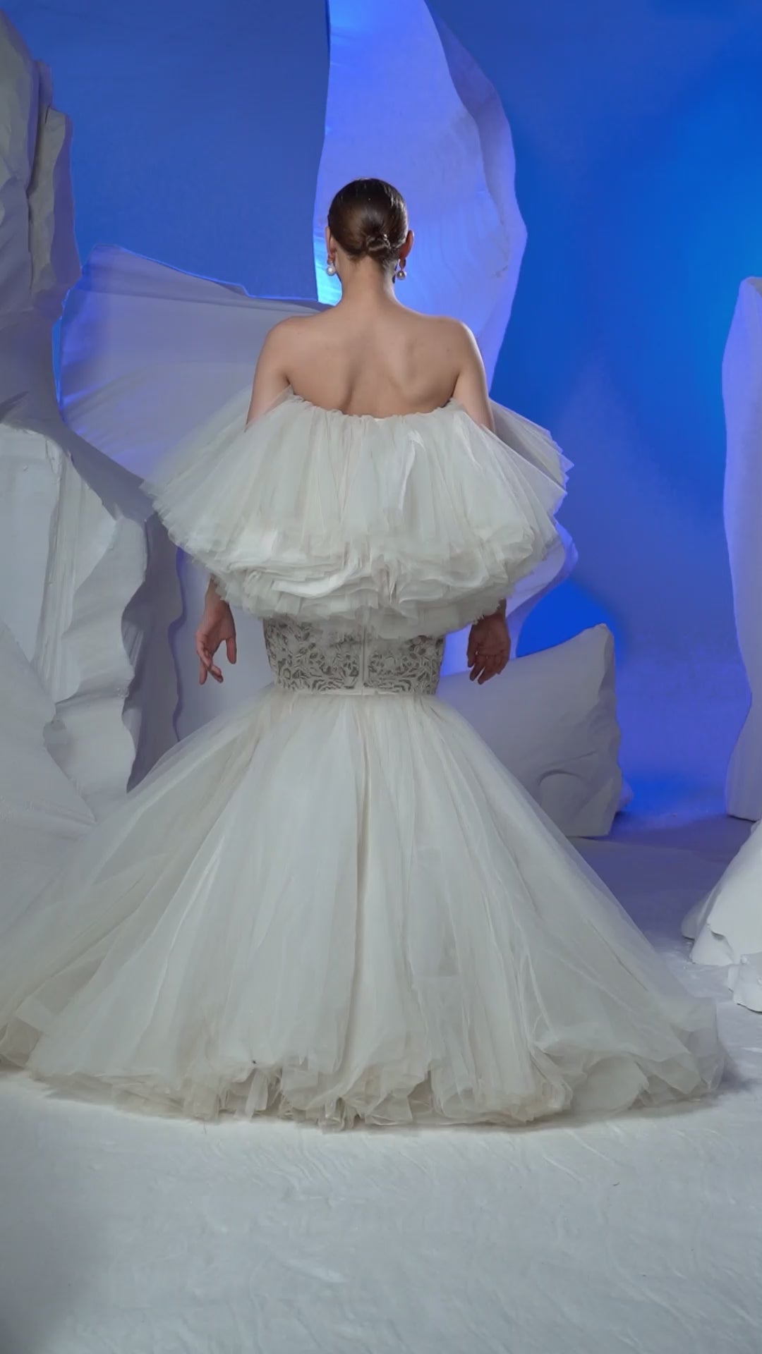 Ivory Layered Off Shoulder Tulle Gown