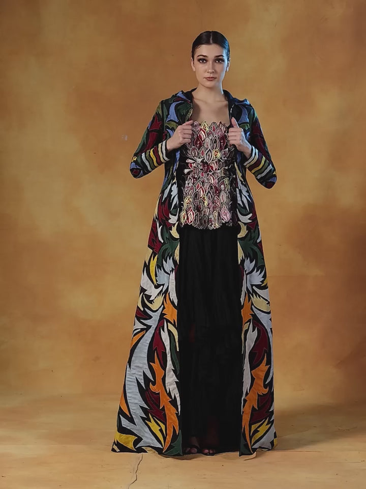 Hooded, Floor Length Cotton Silk Gown,  Surfaced With Colorful Appliquã© Work All Over.