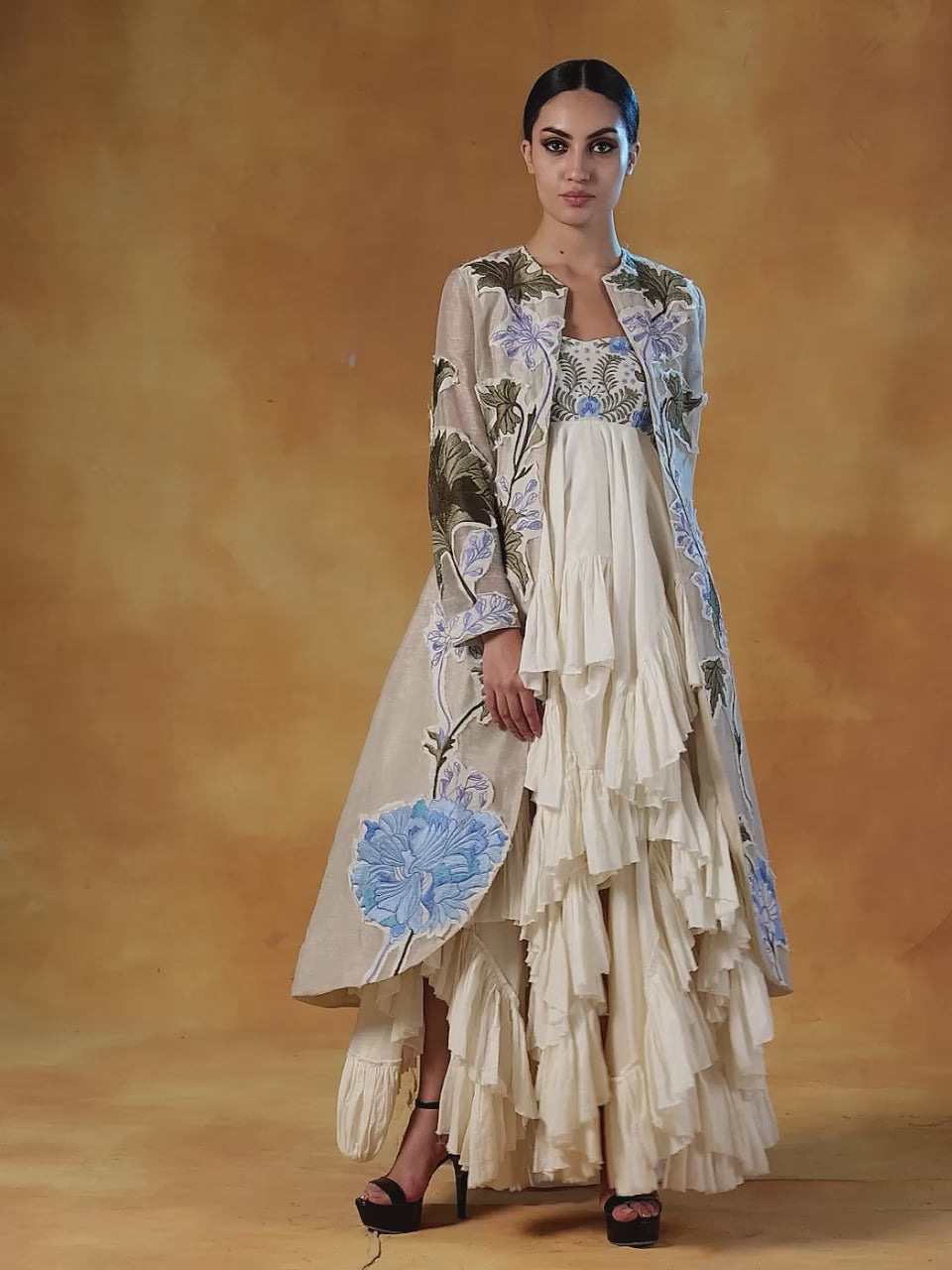 A ruffle, asymmetric cotton tube dress with embroidered  jacket