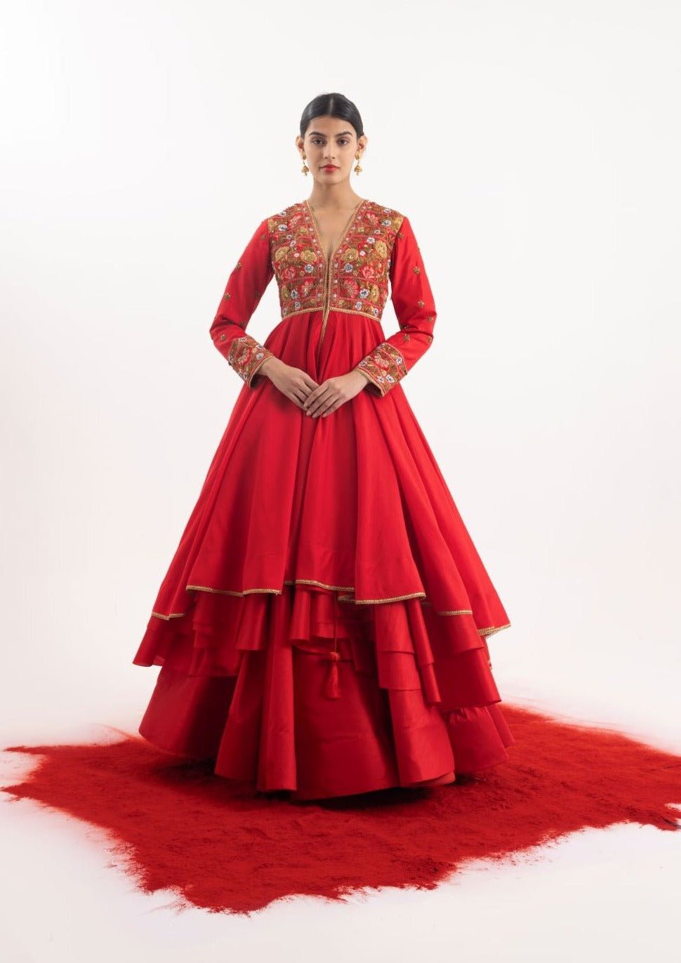Radiant two - piece ensemble: a red embroidered anarkali - samantchauhan Apparel & Accessories