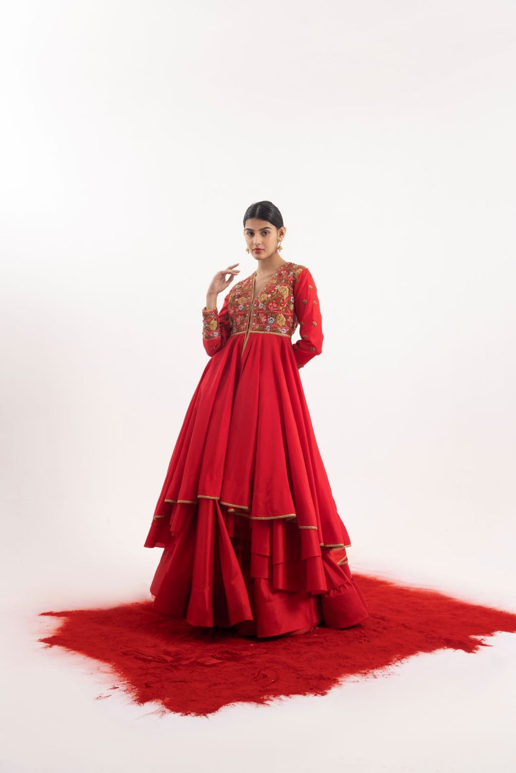 Radiant two - piece ensemble: a red embroidered anarkali - samantchauhan Apparel & Accessories