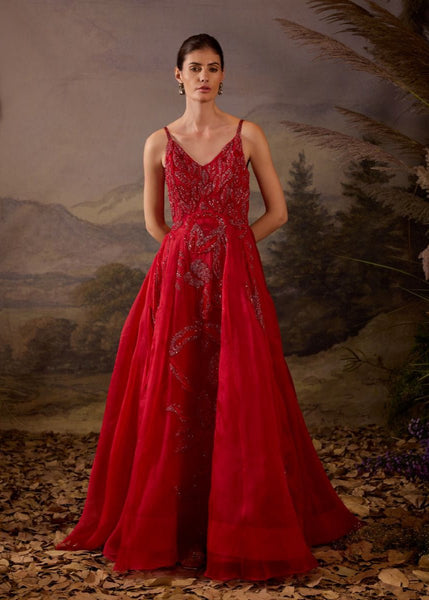 red embroidered dress Radiate elegance in this crimson red gown – Samant Chauhan