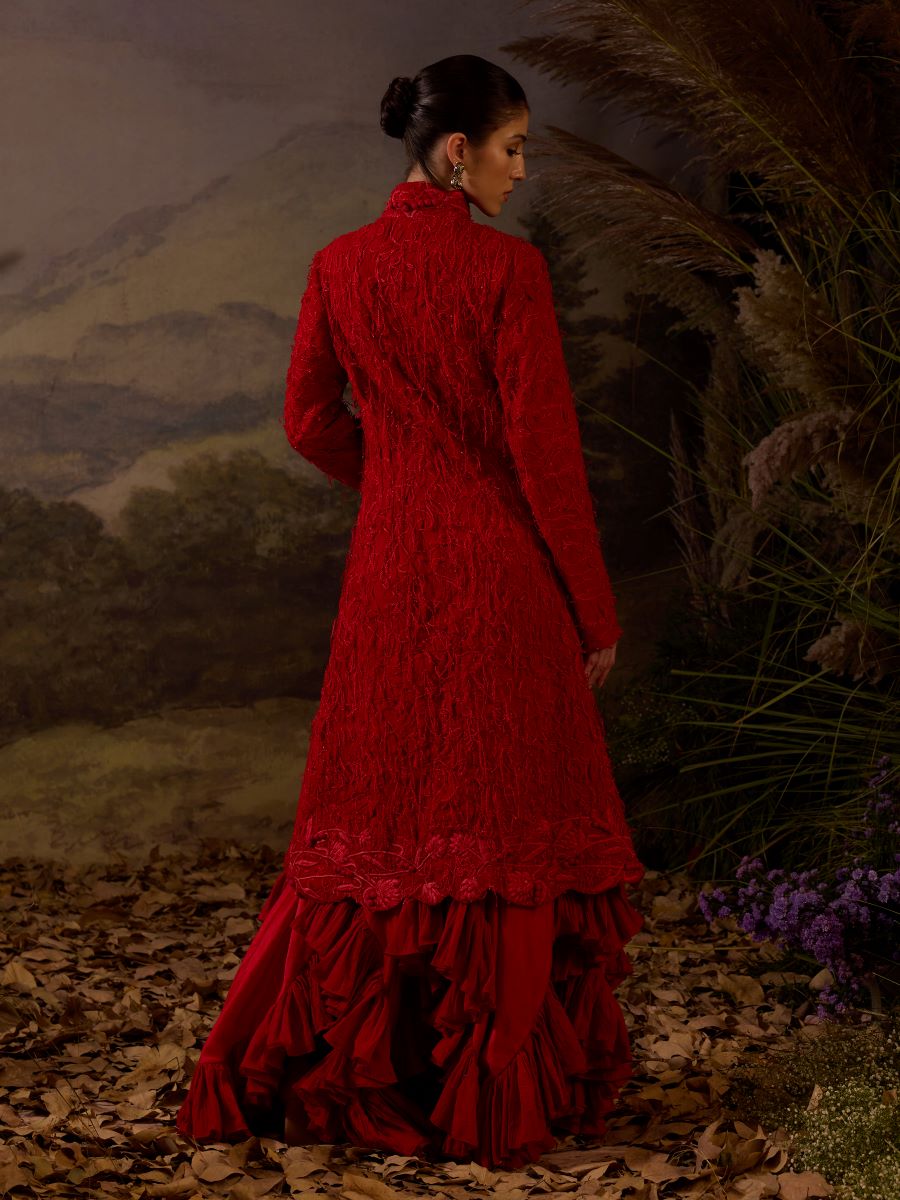 Red bustier Ruffle Dress & Jacket - samantchauhan Apparel & Accessories