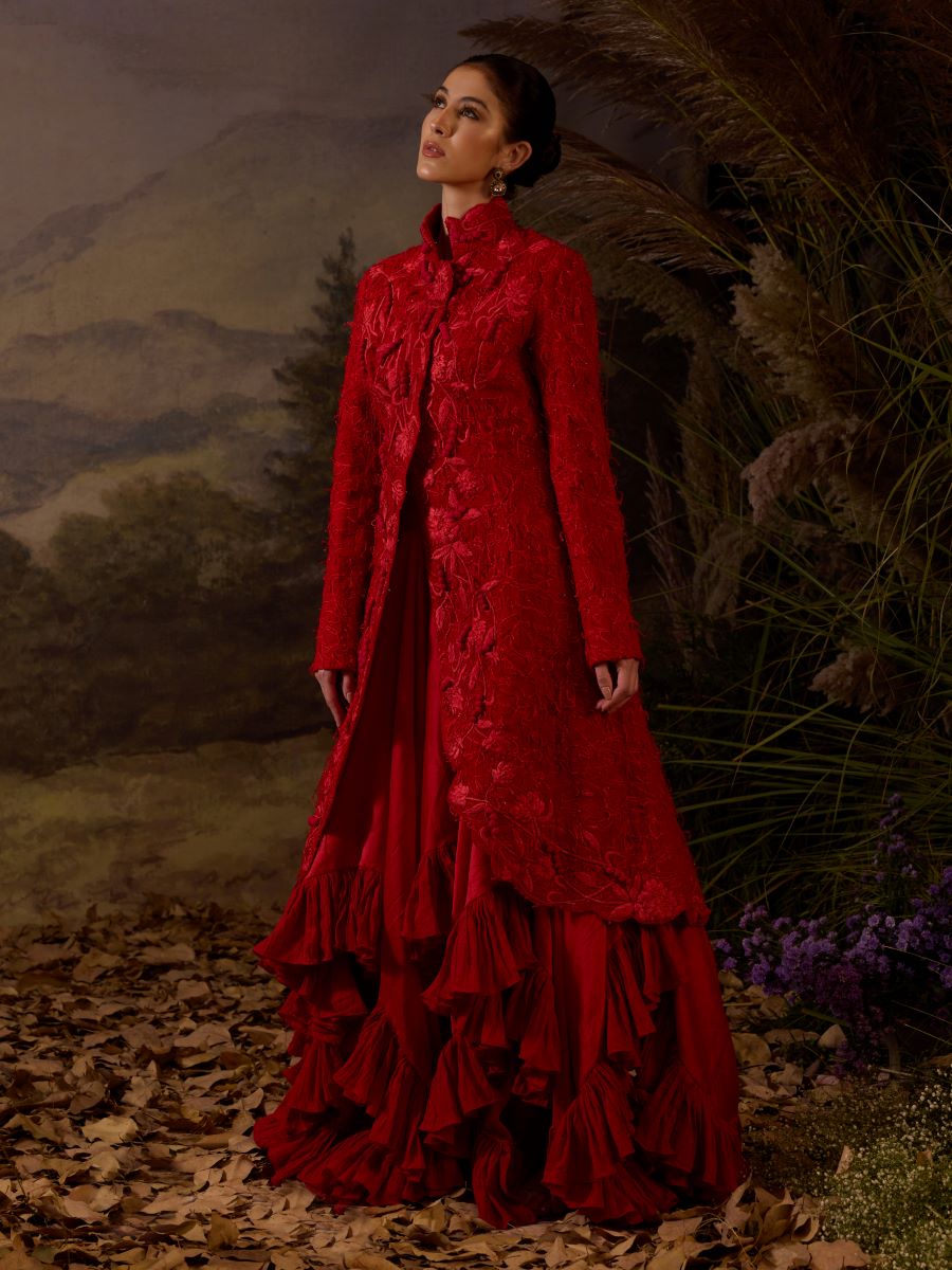 Red bustier Ruffle Dress & Jacket - samantchauhan Apparel & Accessories