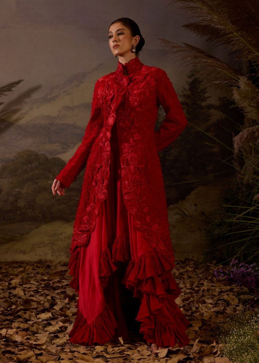 Red bustier Ruffle Dress & Jacket - samantchauhan Apparel & Accessories