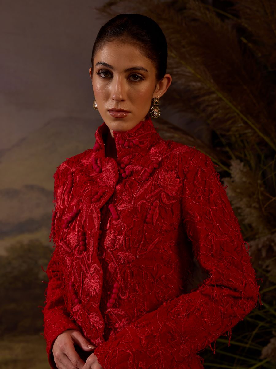 Red bustier Ruffle Dress & Jacket - samantchauhan Apparel & Accessories