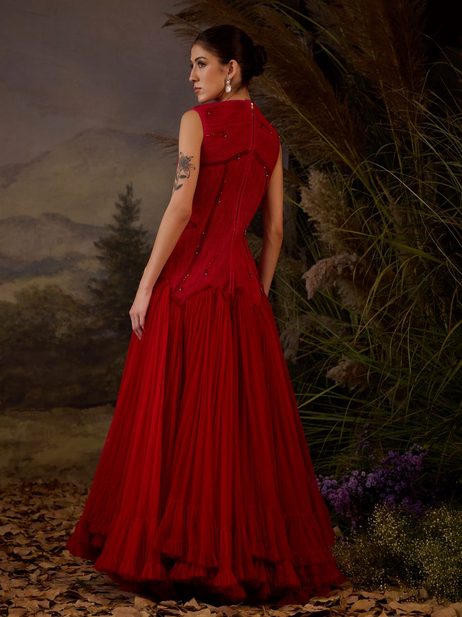 Red color gown with texture embroidered High - Low Gown - samantchauhan Apparel & Accessories