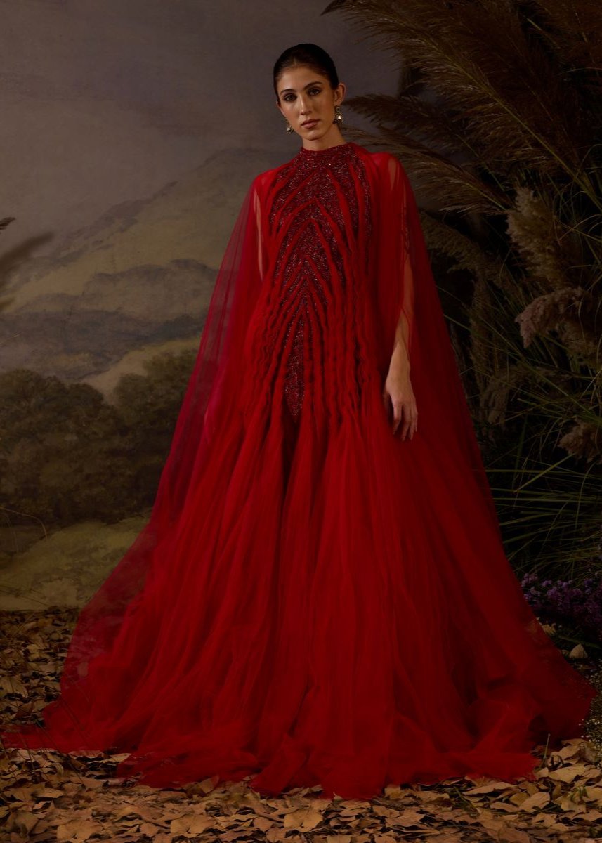 Red gown featuring pleating textured details - samantchauhan Apparel & Accessories