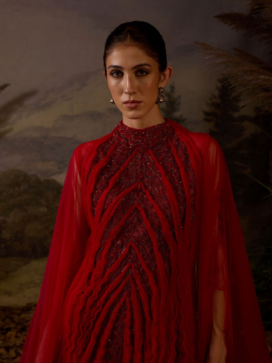 Red gown featuring pleating textured details - samantchauhan Apparel & Accessories