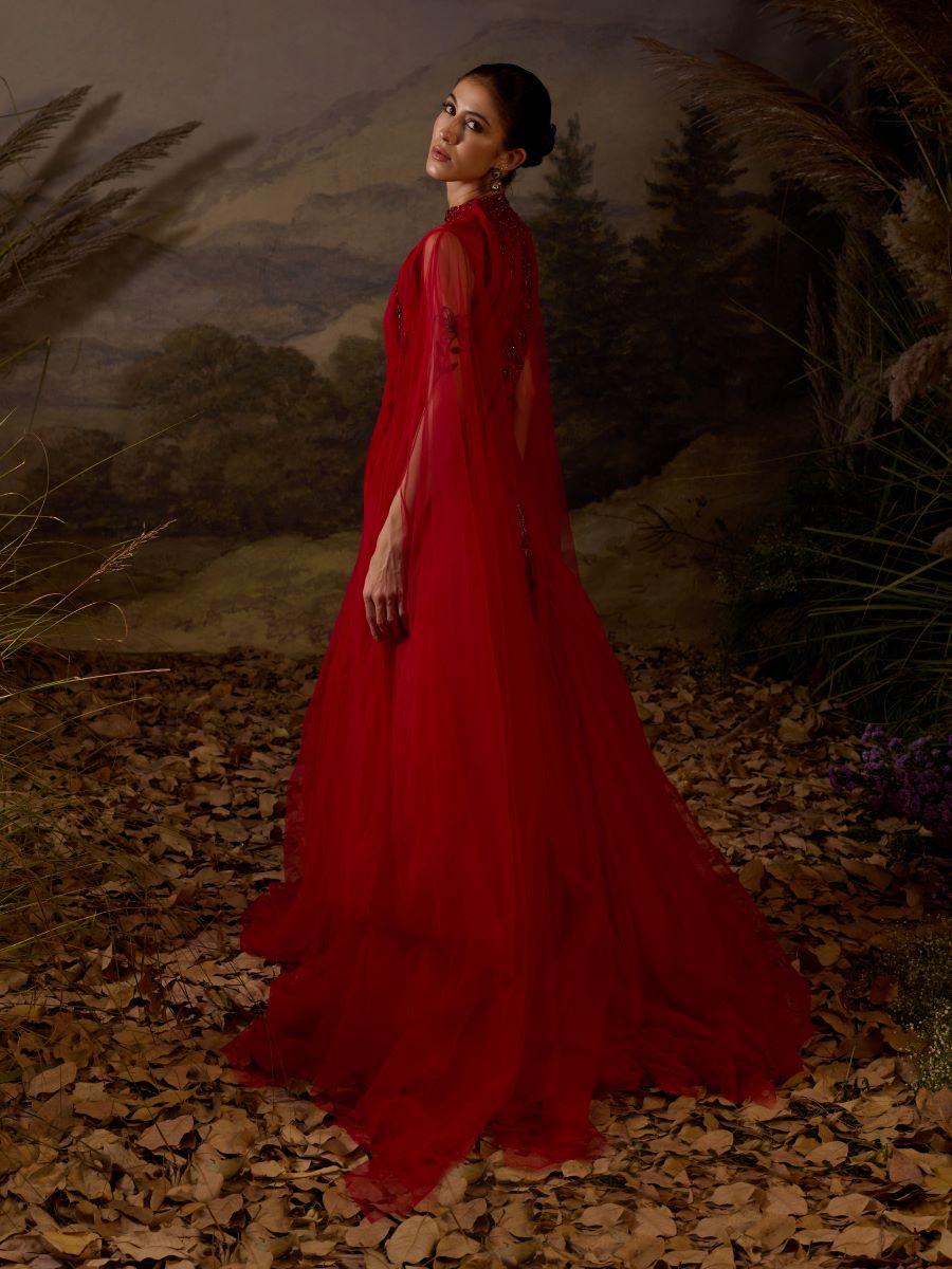 Red gown featuring pleating textured details - samantchauhan Apparel & Accessories