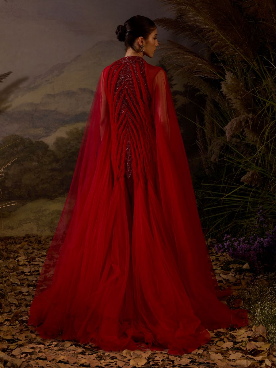Red gown featuring pleating textured details - samantchauhan Apparel & Accessories