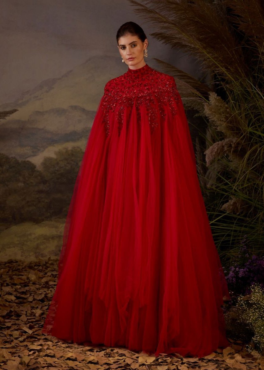 Red kaftan dress with tonal zardozi embroidery - samantchauhan Apparel & Accessories