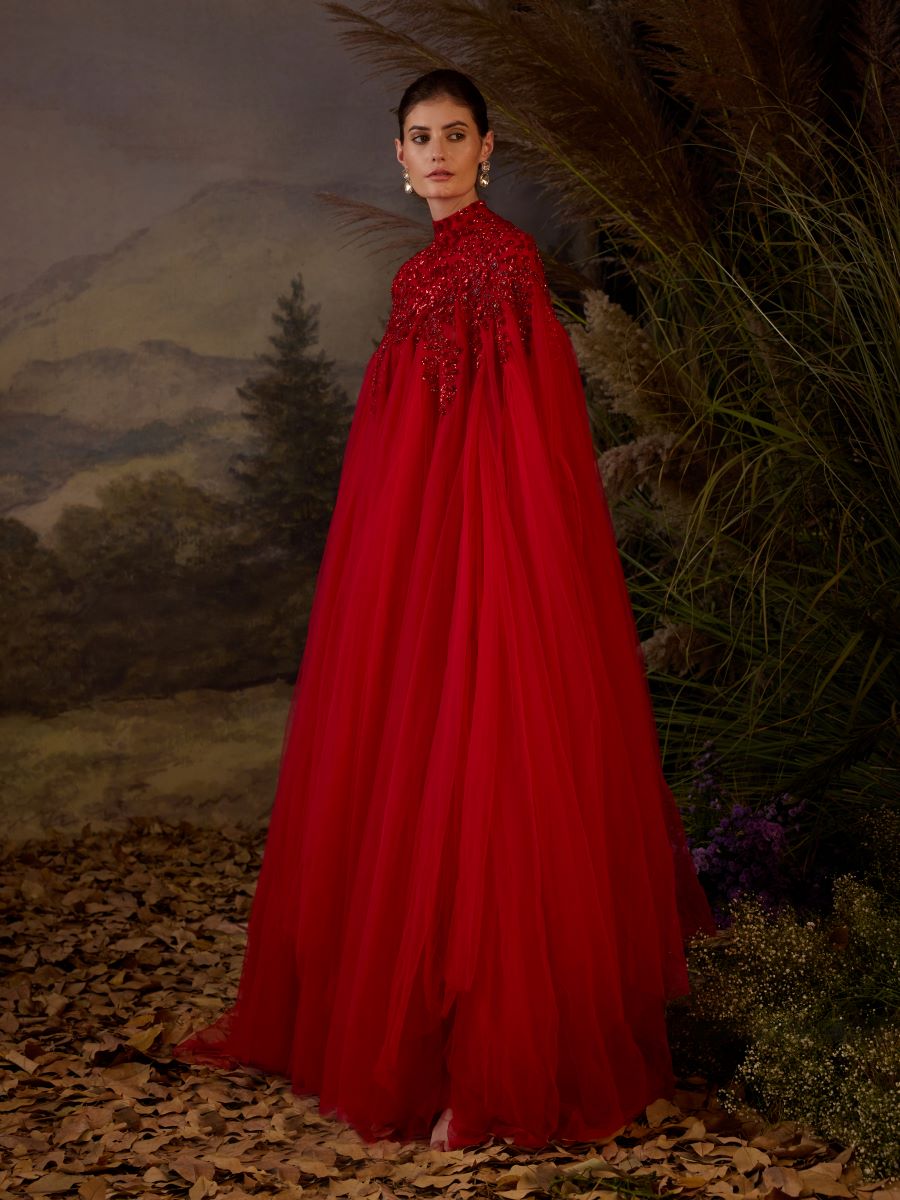 Red kaftan dress with tonal zardozi embroidery - samantchauhan Apparel & Accessories