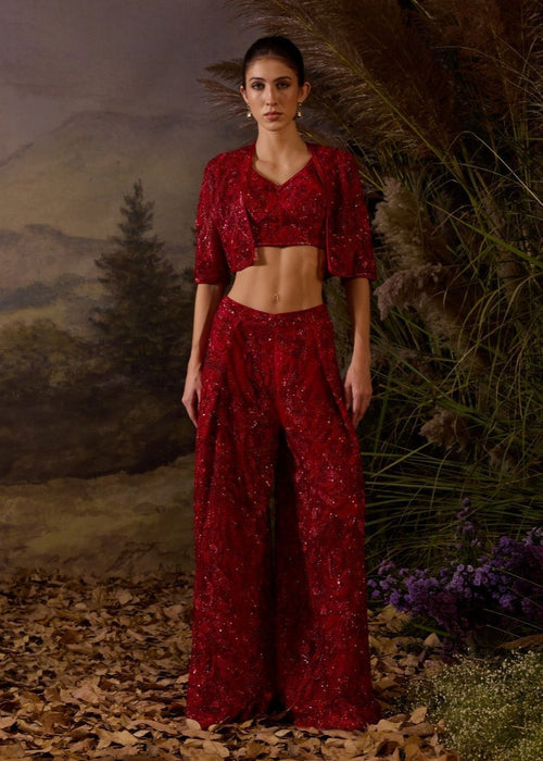 Red organza silk tube top along bolero jacket with plazo pants - samantchauhan Apparel & Accessories