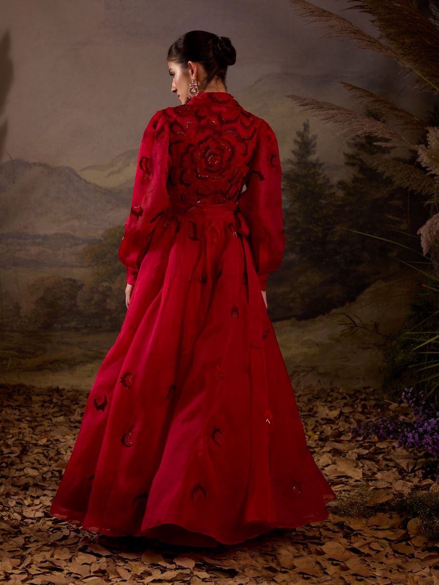 Scarlet Red Embroidered Gown - samantchauhan Apparel & Accessories