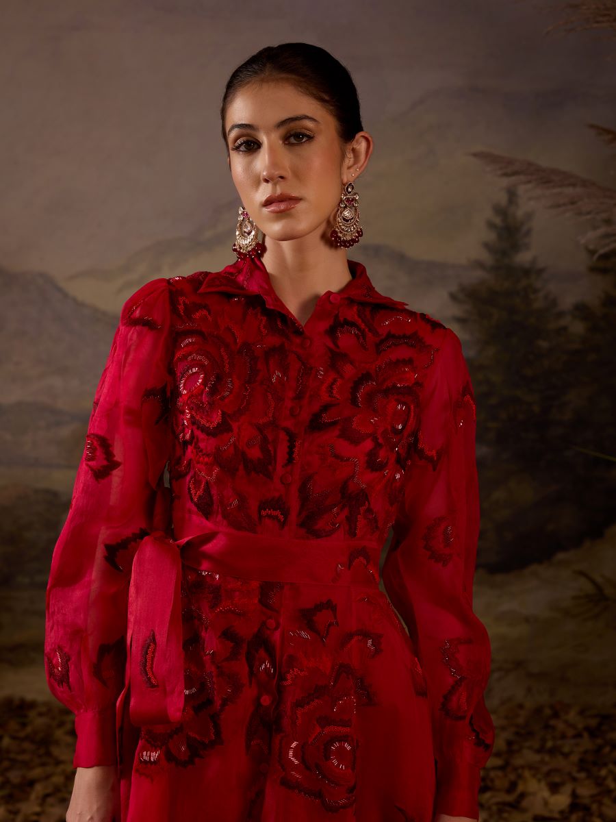 Scarlet Red Embroidered Gown - samantchauhan Apparel & Accessories