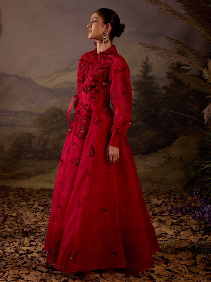 Scarlet Red Embroidered Gown - samantchauhan Apparel & Accessories