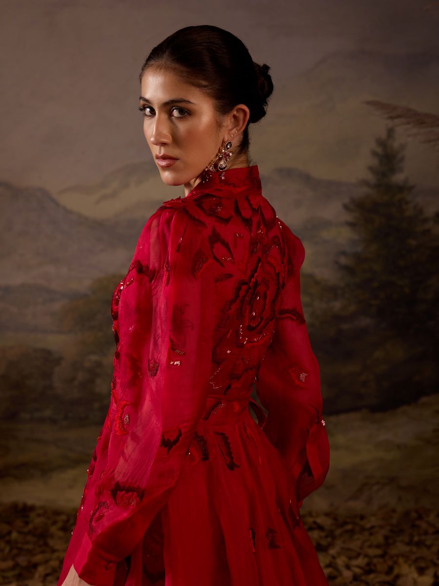Scarlet Red Embroidered Gown - samantchauhan Apparel & Accessories