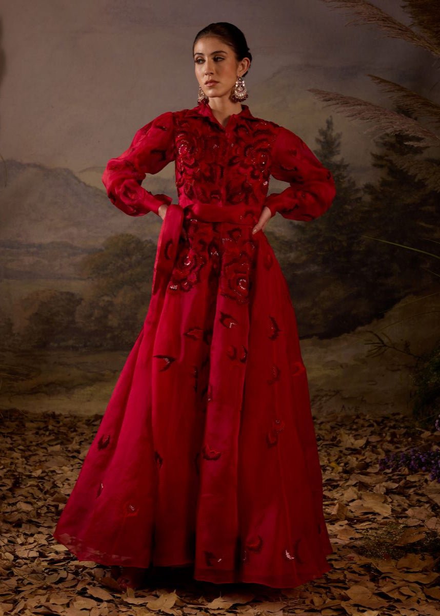 Scarlet Red Embroidered Gown - samantchauhan Apparel & Accessories