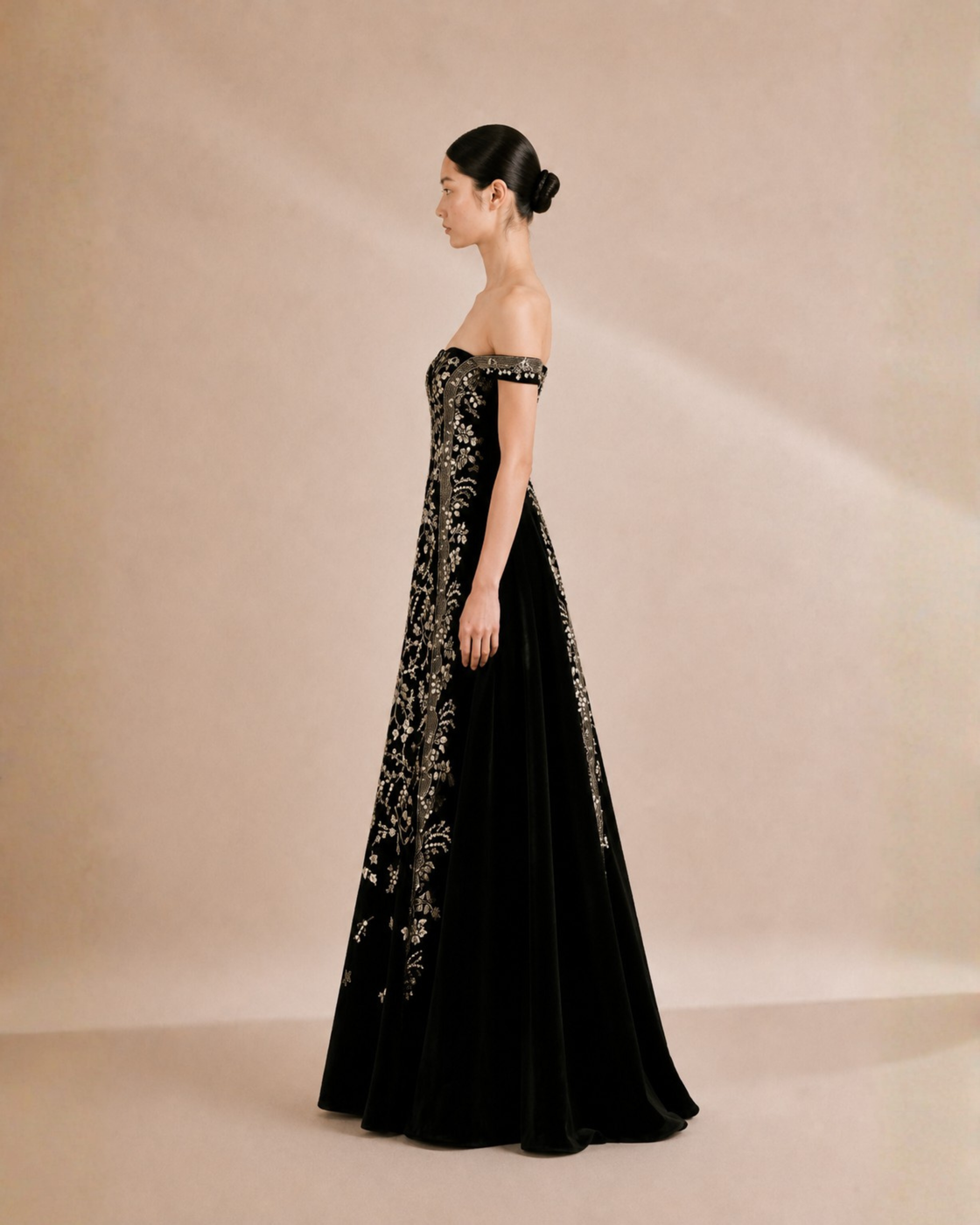 Paneled Bustier Embroidered Gown
